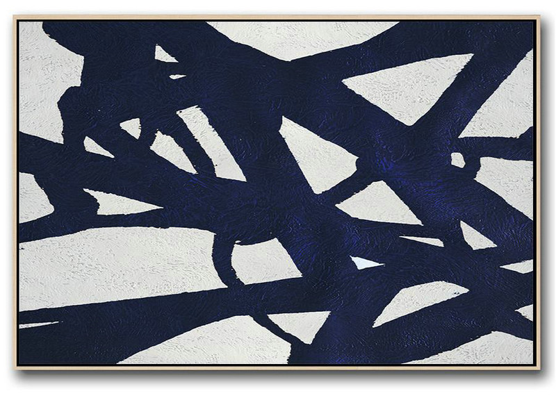 Large Paintings For Living Room,Horizontal Abstract Painting Navy Blue Minimalist Painting On Canvas,Hand Paint Large Art